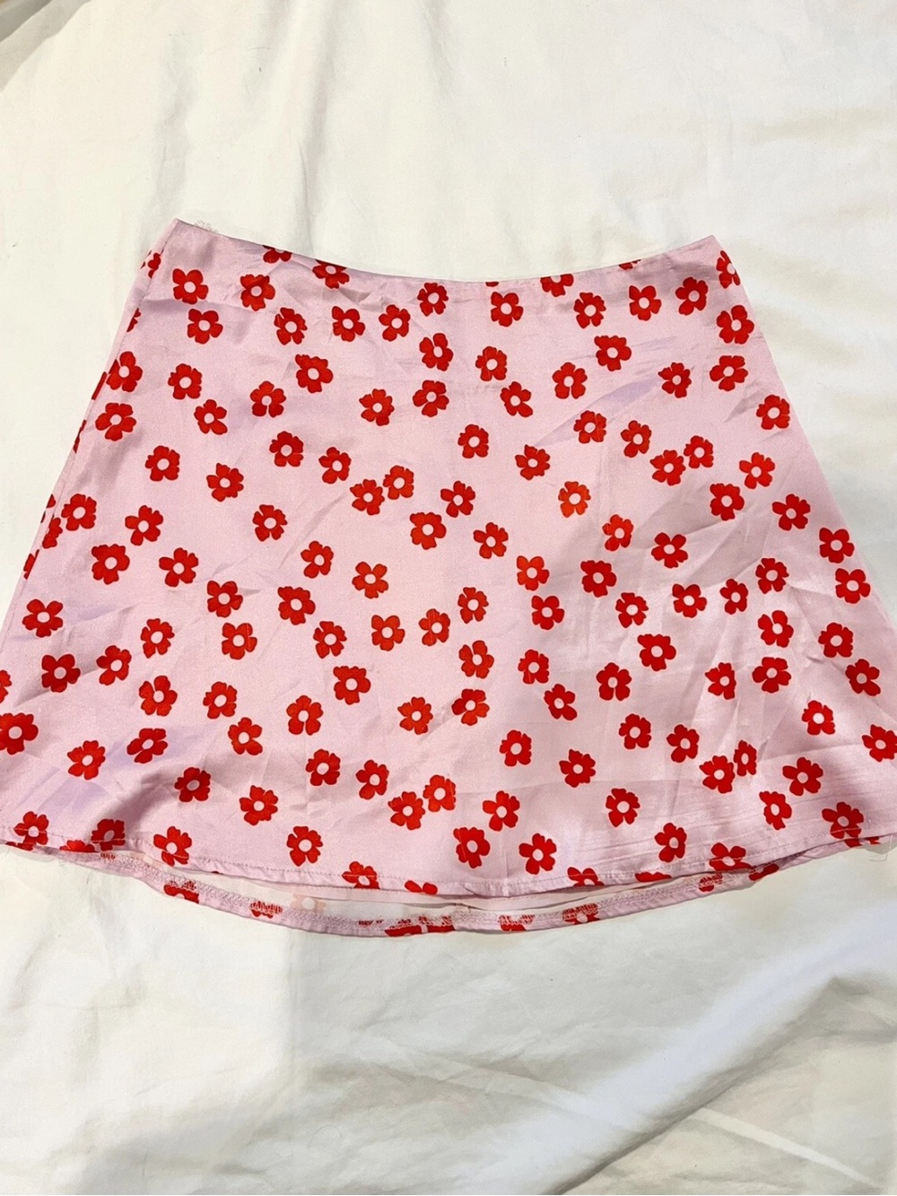 Pink Floral A-Line Mini Skirt with Red Flowers